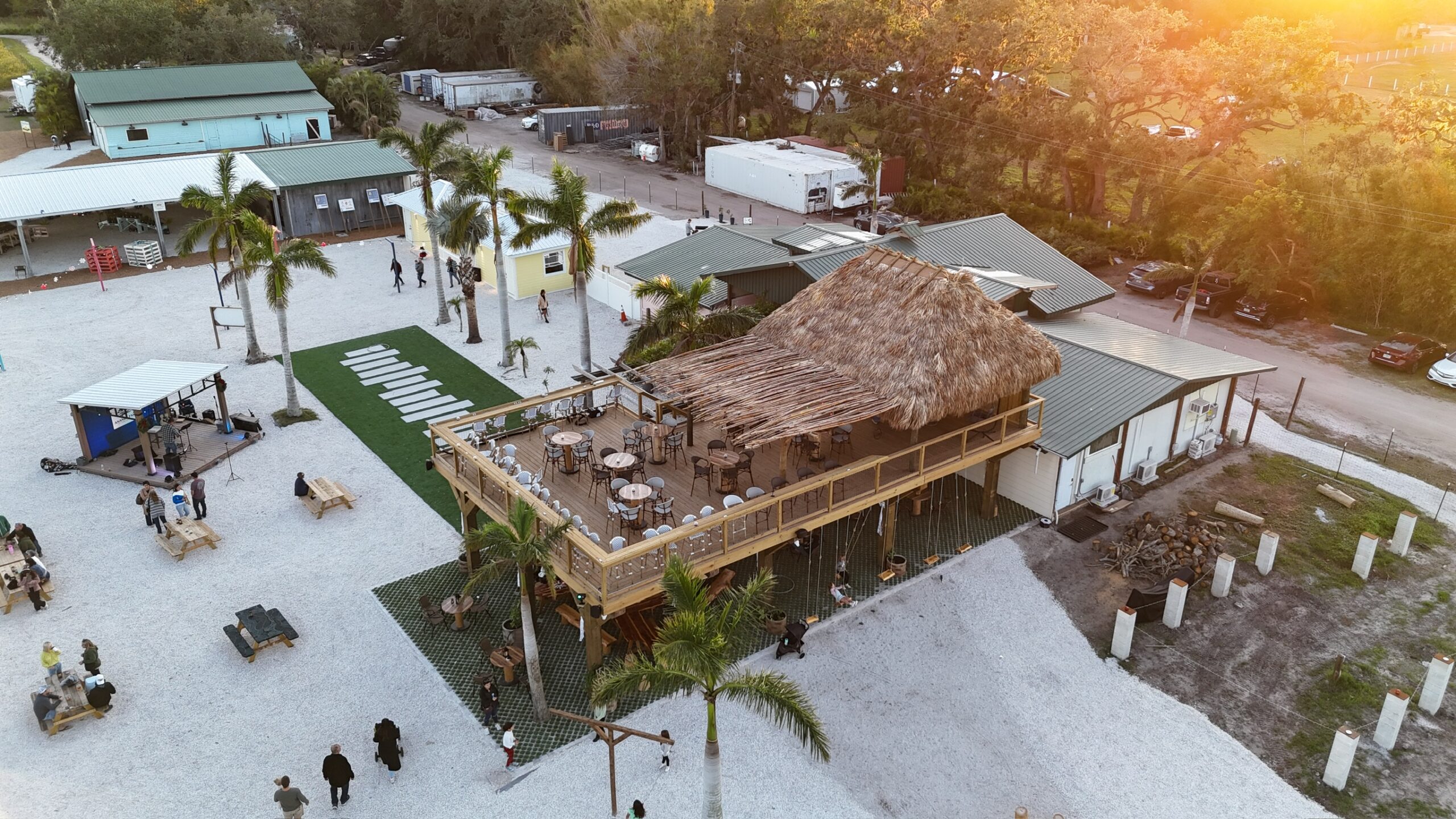 Aerial view of Ananda Farm buildings and outdoor gathering areas on Terra Ceia Island